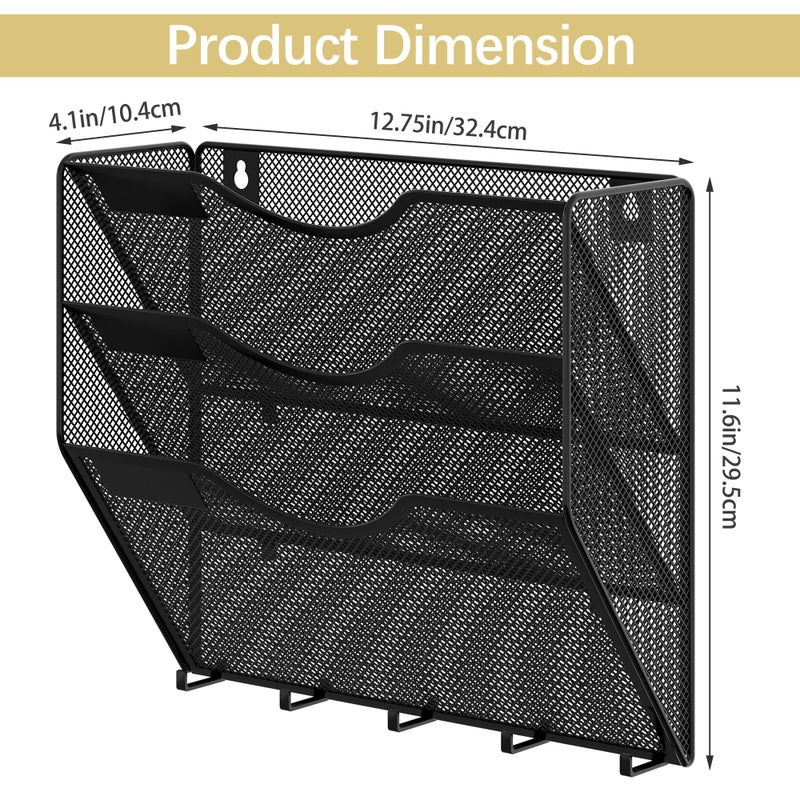 EasyPAG 3 Pocket Mesh Wall File Organizer with Key Hooks, Hanging Paper Folder Holder with Classify Label, Vertical Wall Mount Mail Organizer for Office Home Classroom, Black - Image 4